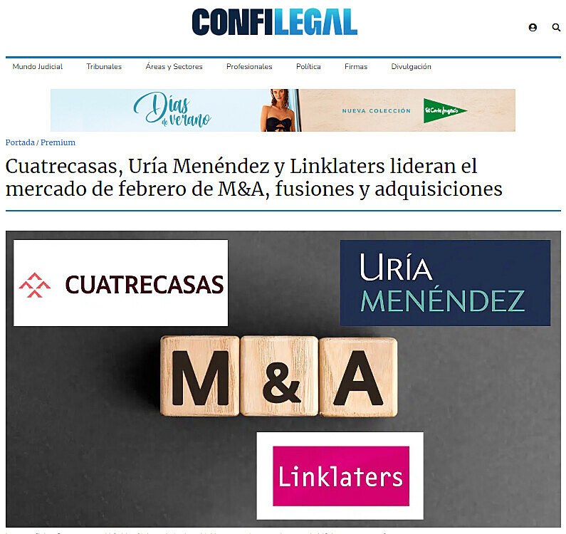 Cuatrecasas, Ura Menndez y Linklaters lideran el mercado de febrero de M&A, fusiones y adquisiciones